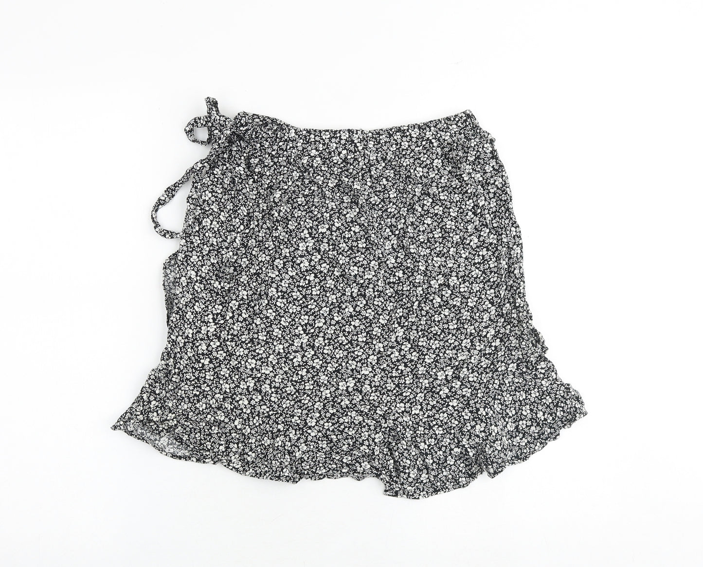 New Look Womens Black Floral Viscose Wrap Skirt Size 6 Tie