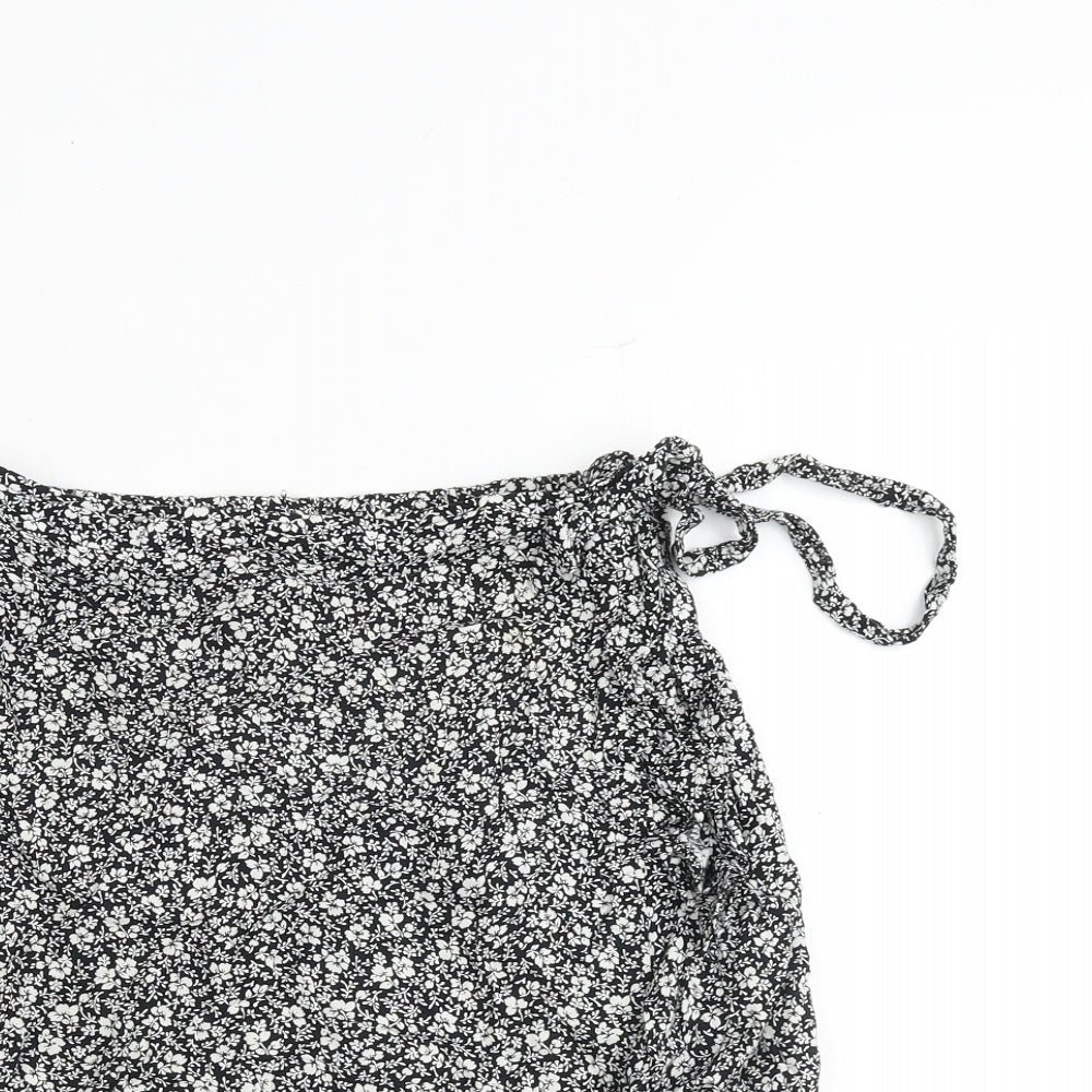 New Look Womens Black Floral Viscose Wrap Skirt Size 6 Tie