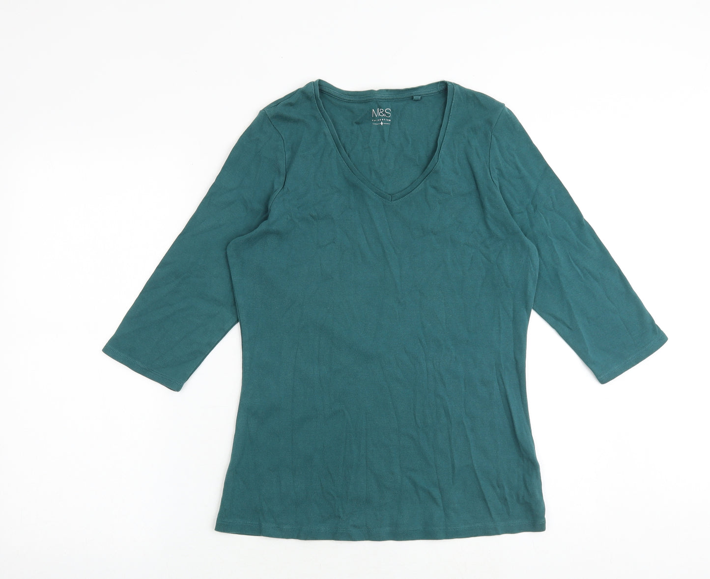 Marks and Spencer Womens Green 100% Cotton Basic T-Shirt Size 16 V-Neck