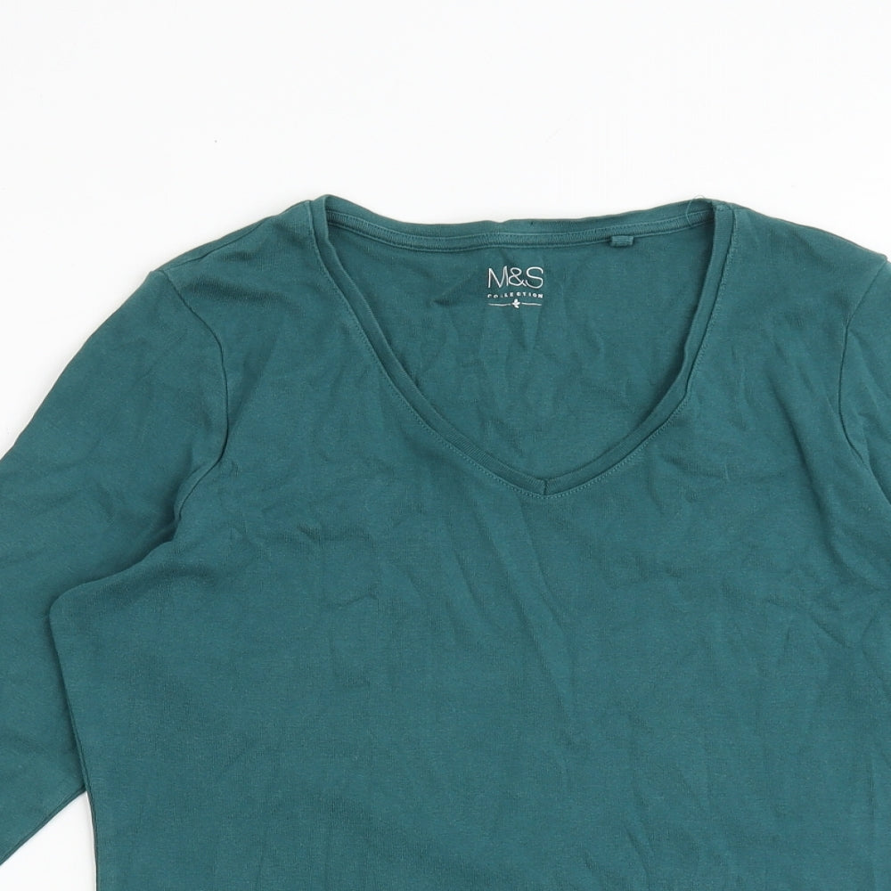 Marks and Spencer Womens Green 100% Cotton Basic T-Shirt Size 16 V-Neck