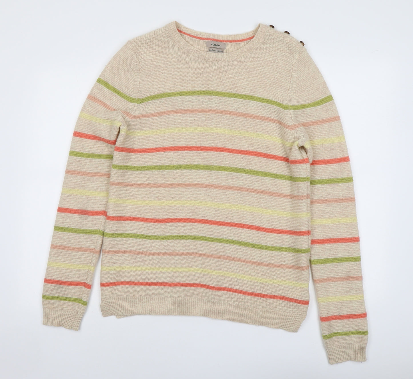 KEW Womens Beige Round Neck Striped Wool Pullover Jumper Size 14