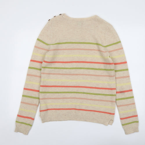 KEW Womens Beige Round Neck Striped Wool Pullover Jumper Size 14