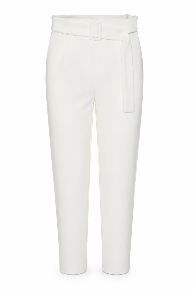 Front view of Boohoo women’s ivory polyester chino trousers, size UK 8, 26-inch leg regular