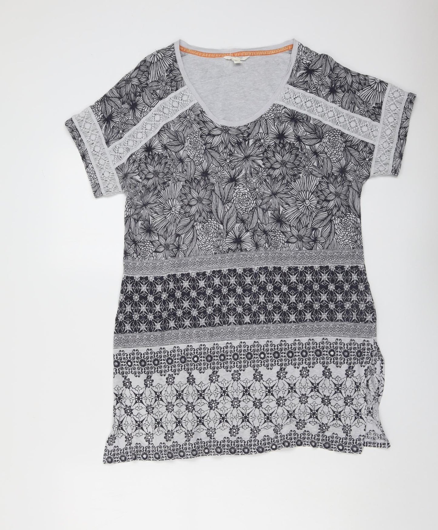 White Stuff Womens Grey Geometric Cotton Basic Blouse Size 16 Round Neck