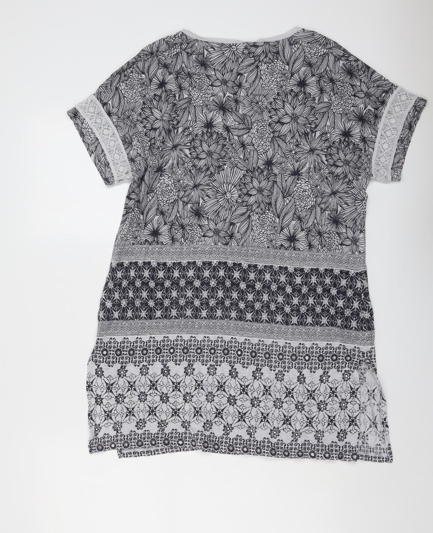 White Stuff Womens Grey Geometric Cotton Basic Blouse Size 16 Round Neck