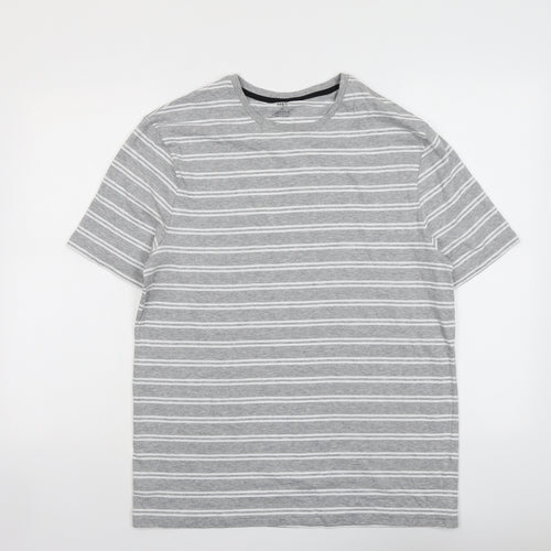 Marks and Spencer Mens Grey Striped Cotton T-Shirt Size M Round Neck