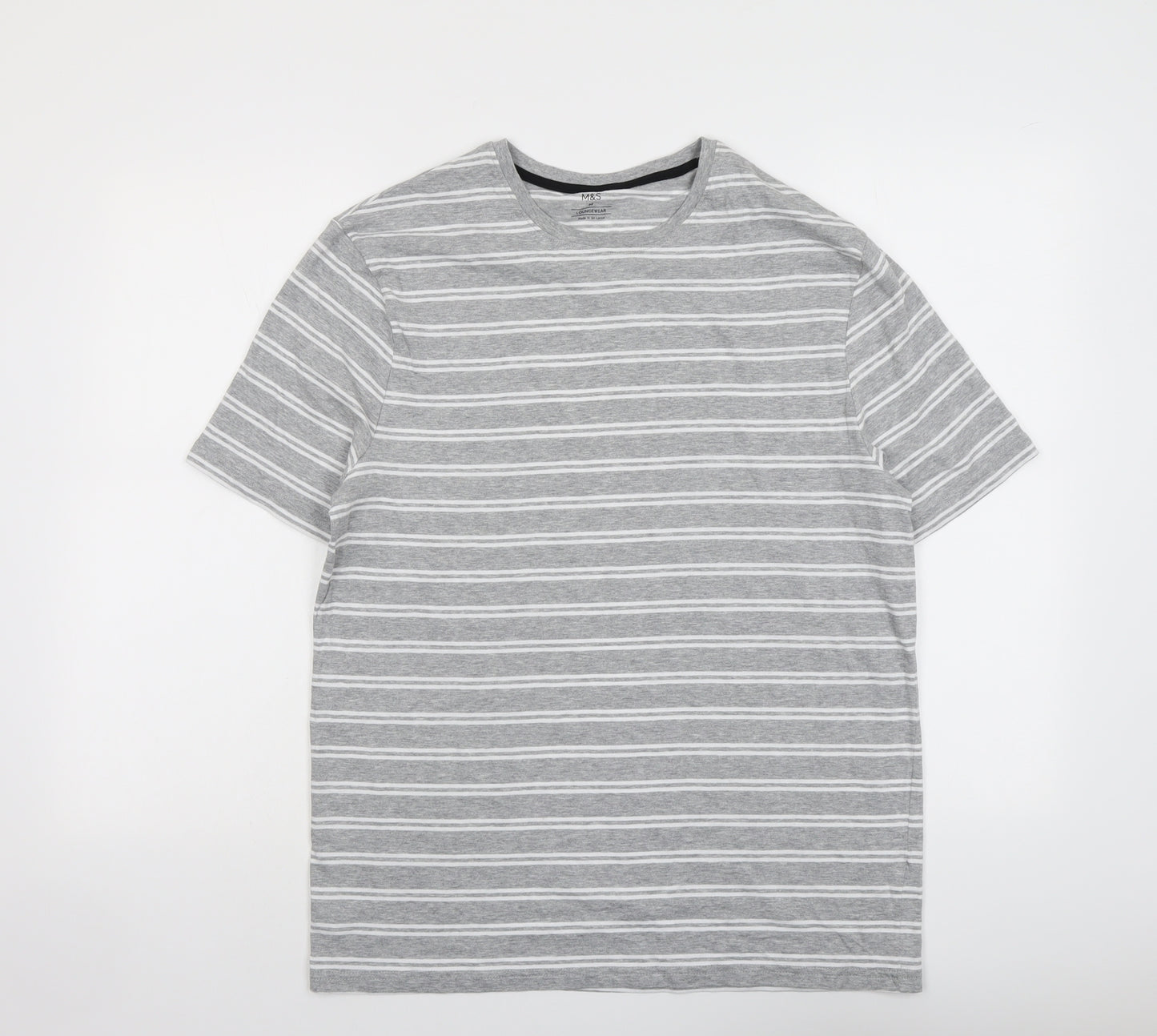 Marks and Spencer Mens Grey Striped Cotton T-Shirt Size M Round Neck