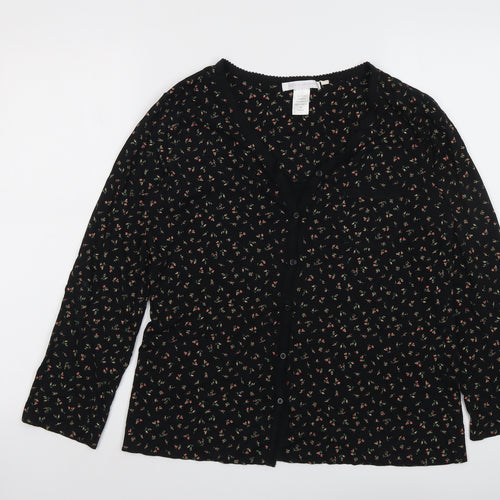 Carole Hochman Womens Black Floral Cotton Basic Button-Up Size S V-Neck