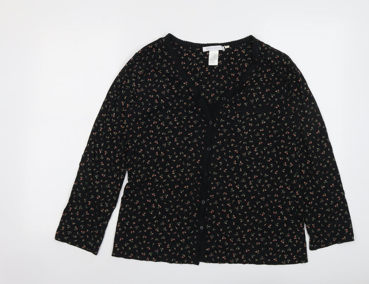 Carole Hochman Womens Black Floral Cotton Basic Button-Up Size S V-Neck