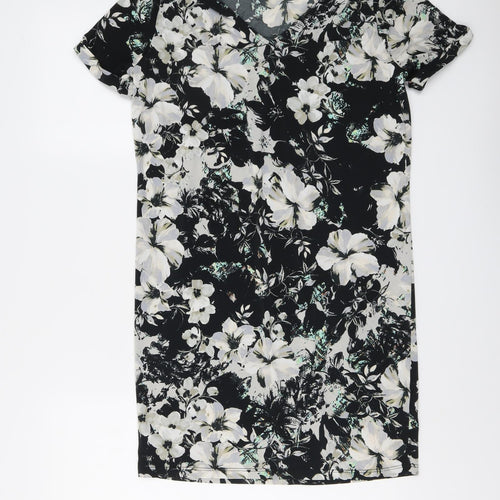 Warehouse Womens Black Floral Polyester A-Line Size 6 V-Neck Pullover