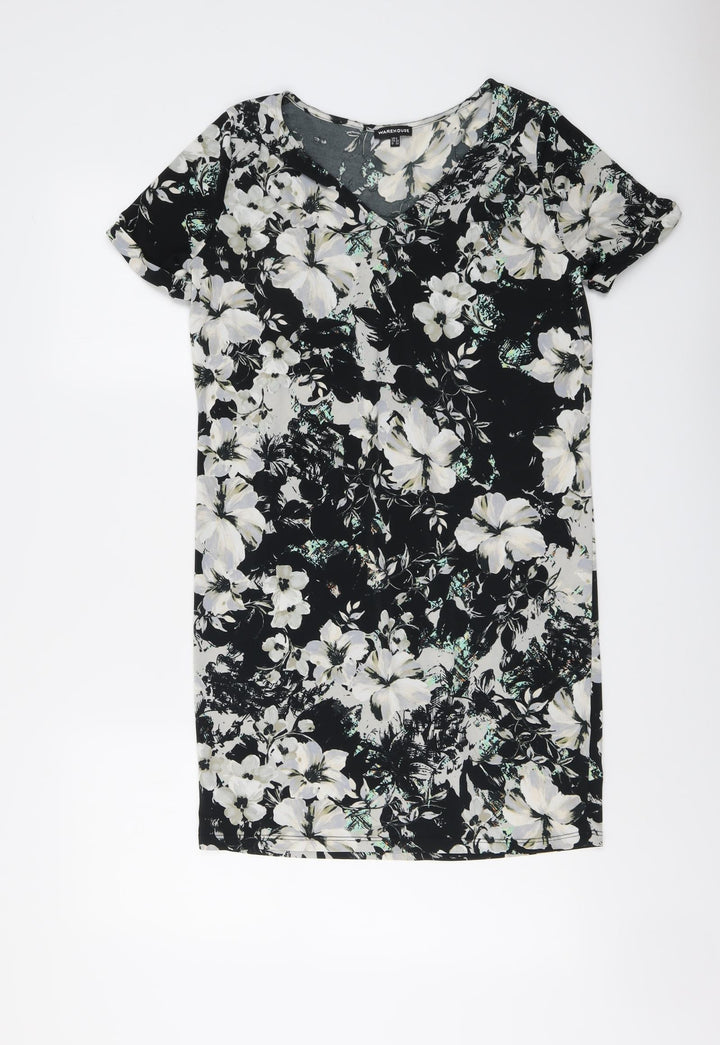 Warehouse Womens Black Floral Polyester A-Line Size 6 V-Neck Pullover