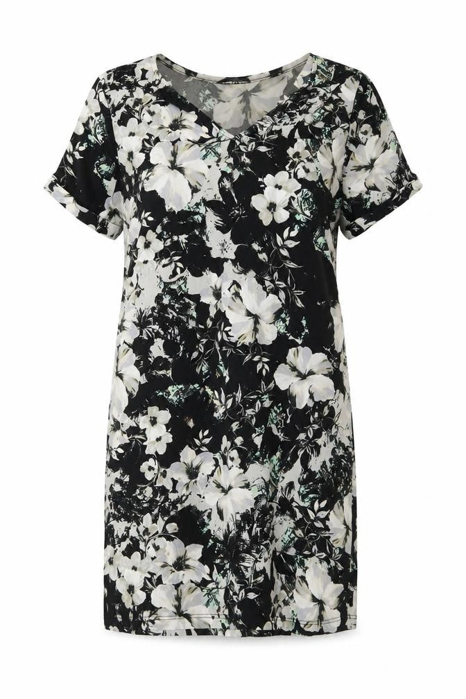 Front view of Warehouse women’s black floral polyester a-line, size UK 6, v-neck pullover
