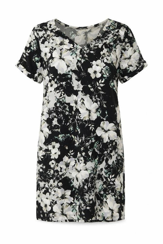 Front view of Warehouse women’s black floral polyester a-line, size UK 6, v-neck pullover