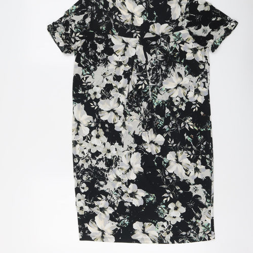Warehouse Womens Black Floral Polyester A-Line Size 6 V-Neck Pullover