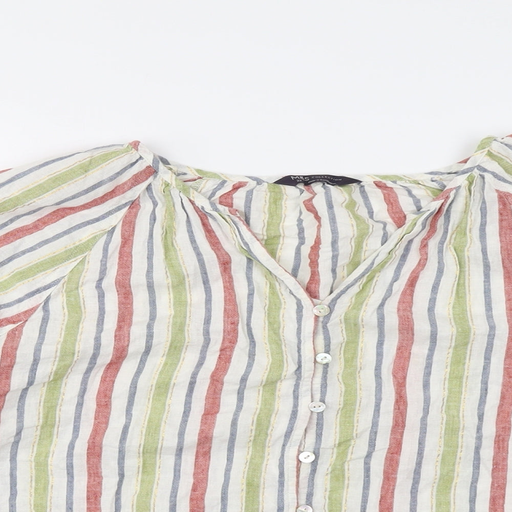 Marks and Spencer Womens Multicoloured Striped Linen Basic Button-Up Size 22 V-Neck