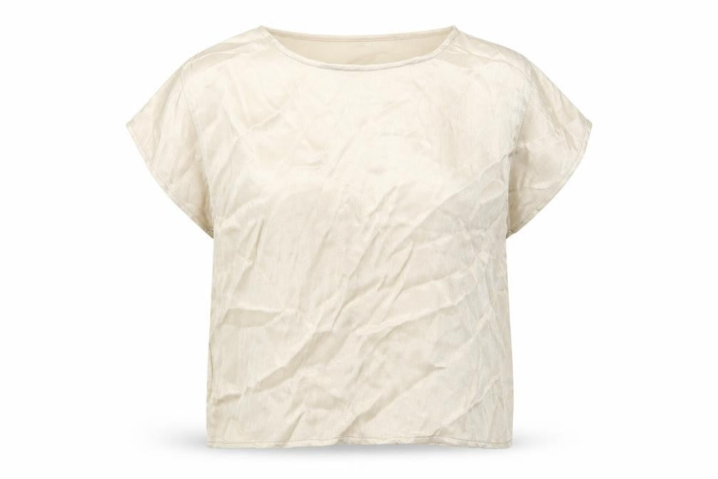 Front view of Jeffrey Rogers women’s beige viscose basic blouse, size UK 12, boat neck