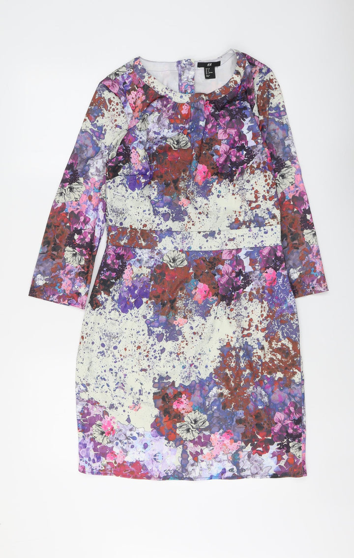 H&M Womens Multicoloured Geometric Polyester A-Line Size 10 Round Neck Zip