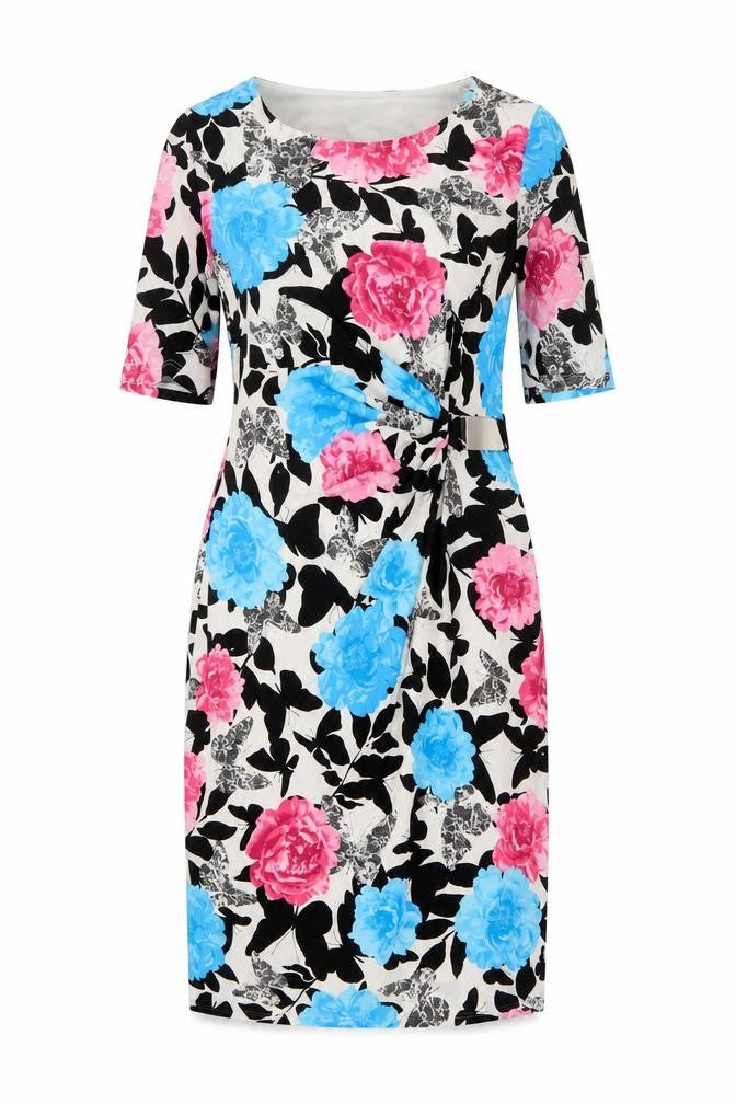 Front view of David Emanuel women’s multicoloured floral polyester a-line, size UK 10, round neck pullover