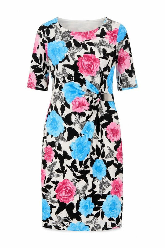 Front view of David Emanuel women’s multicoloured floral polyester a-line, size UK 10, round neck pullover