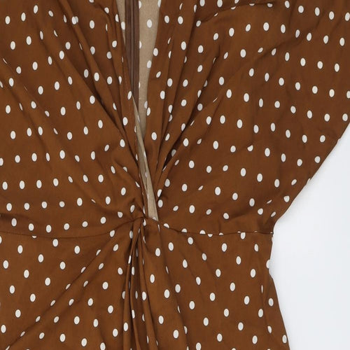 Boohoo Womens Brown Polka Dot Polyester A-Line Size 16 V-Neck Zip