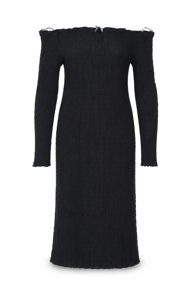 Front view of Zara women’s black modal a-line, size L, off the shoulder pullover