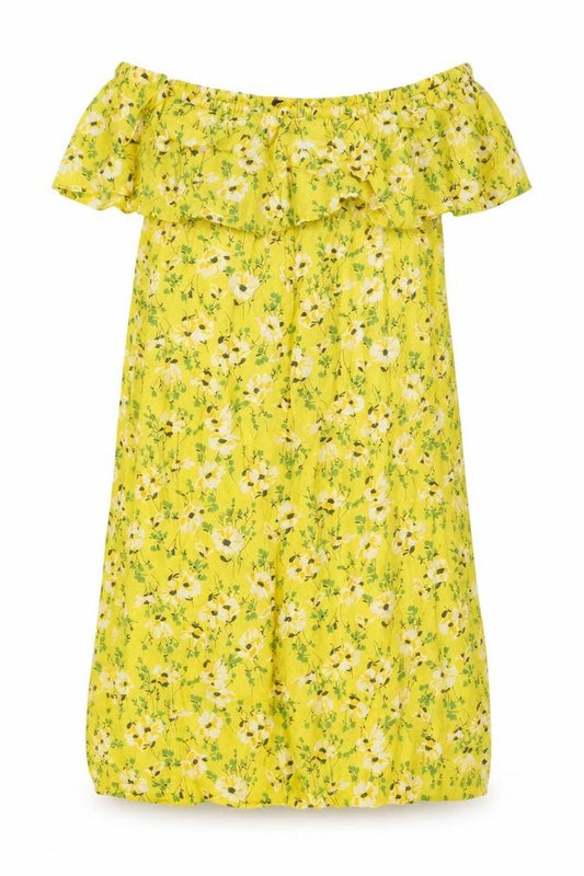 Front view of Vero Moda women’s yellow floral viscose a-line, size XL, mock neck pullover