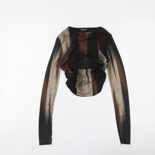 Boohoo Womens Black Geometric Polyester Cropped Blouse Size 6 Boat Neck - Ruched