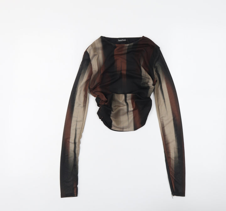Boohoo Womens Black Geometric Polyester Cropped Blouse Size 6 Boat Neck - Ruched