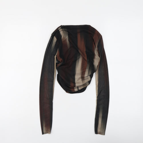 Boohoo Womens Black Geometric Polyester Cropped Blouse Size 6 Boat Neck - Ruched