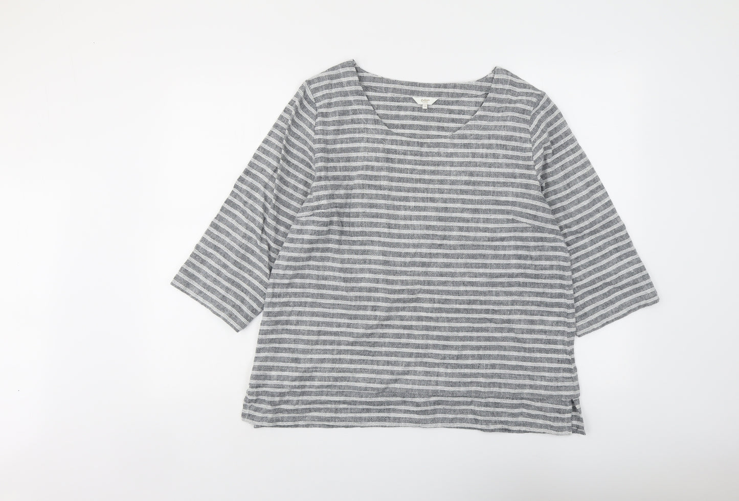 Cotton Traders Womens Grey Striped Cotton Basic Blouse Size 12 Boat Neck