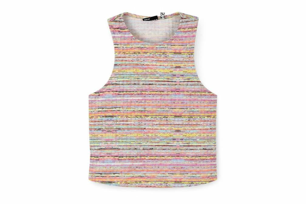 Front view of ASOS women’s multicoloured striped polyester basic tank, size UK 12, round neck