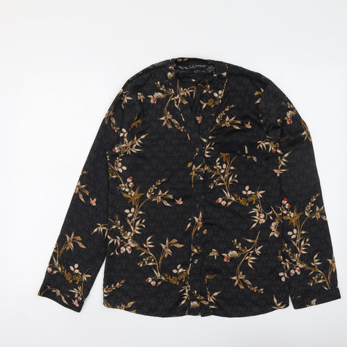Autograph Womens Black Floral Polyester Basic Button-Up Size 8 V-Neck