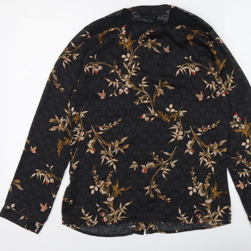 Autograph Womens Black Floral Polyester Basic Button-Up Size 8 V-Neck