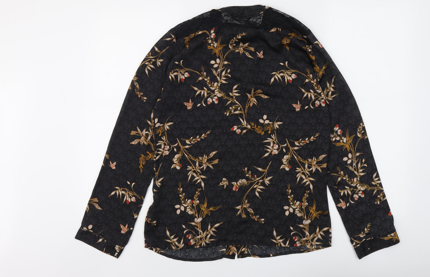 Autograph Womens Black Floral Polyester Basic Button-Up Size 8 V-Neck