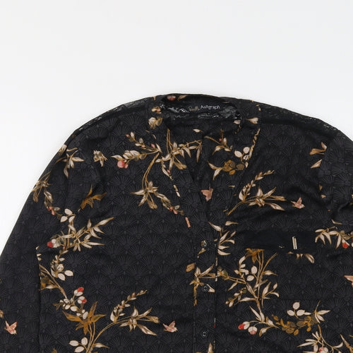 Autograph Womens Black Floral Polyester Basic Button-Up Size 8 V-Neck