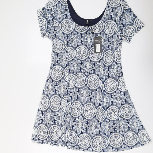 Izabel London Womens Blue Geometric Polyester T-Shirt Dress Size 16 Round Neck Pullover