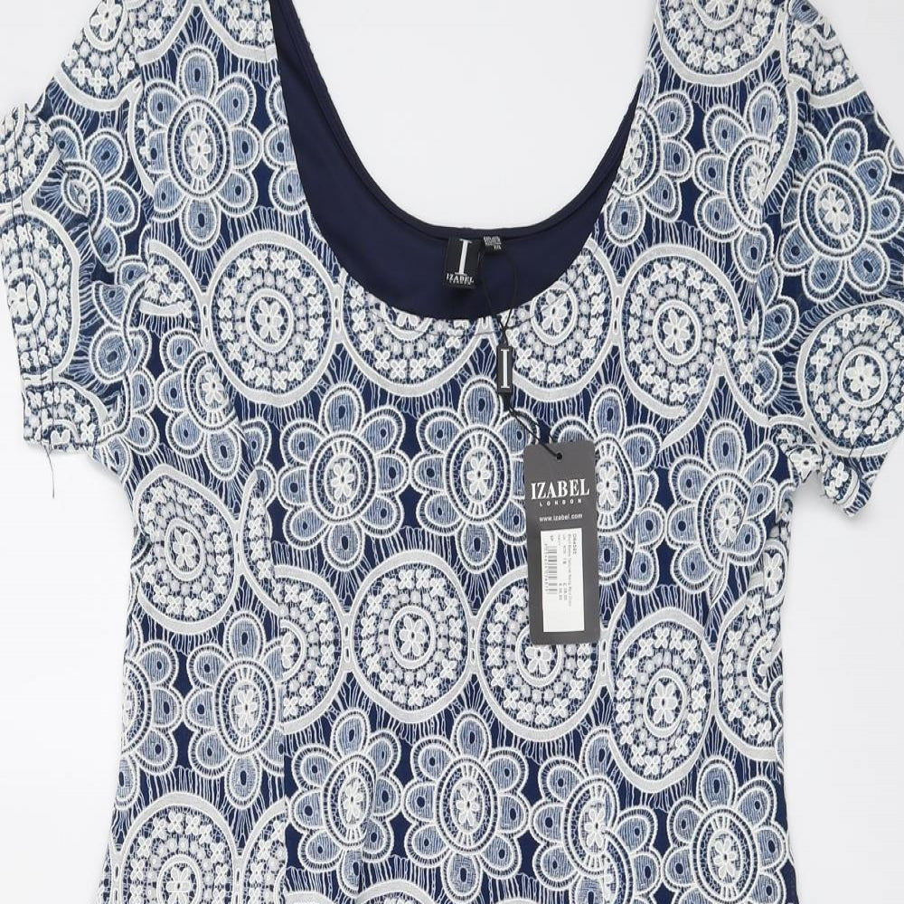 Izabel London Womens Blue Geometric Polyester T-Shirt Dress Size 16 Round Neck Pullover