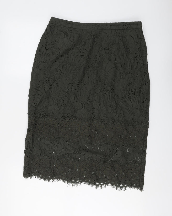 H&M Womens Green Floral Cotton A-Line Skirt Size 14 Zip