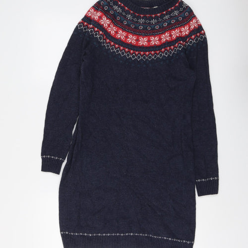 Fat Face Womens Blue Fair Isle Cotton Jumper Dress Size 10 Round Neck Pullover