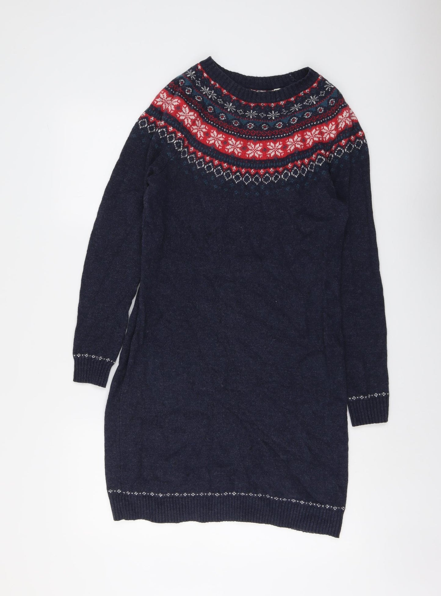 Fat Face Womens Blue Fair Isle Cotton Jumper Dress Size 10 Round Neck Pullover