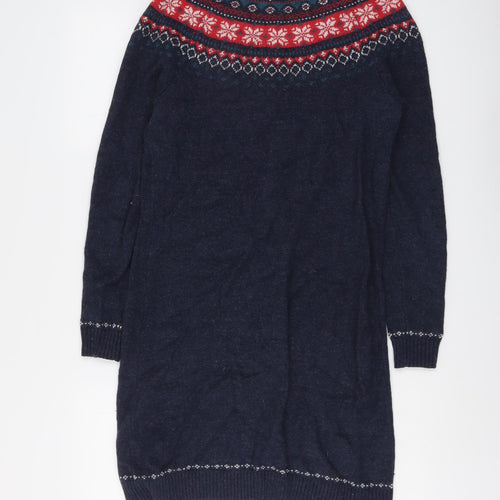 Fat Face Womens Blue Fair Isle Cotton Jumper Dress Size 10 Round Neck Pullover