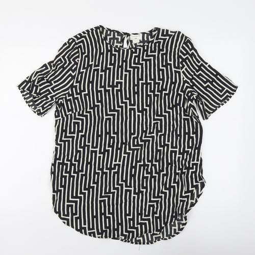 H&M Womens Black Geometric Viscose Basic Blouse Size 12 Boat Neck