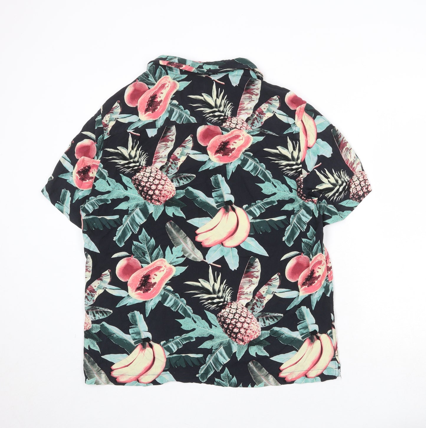 H&M Mens Black Geometric Viscose Button-Up Size M Collared Button - Fruit Pattern
