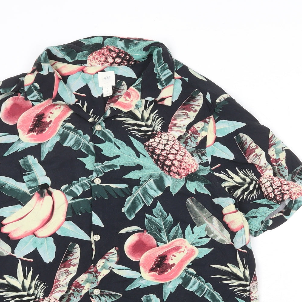 H&M Mens Black Geometric Viscose Button-Up Size M Collared Button - Fruit Pattern