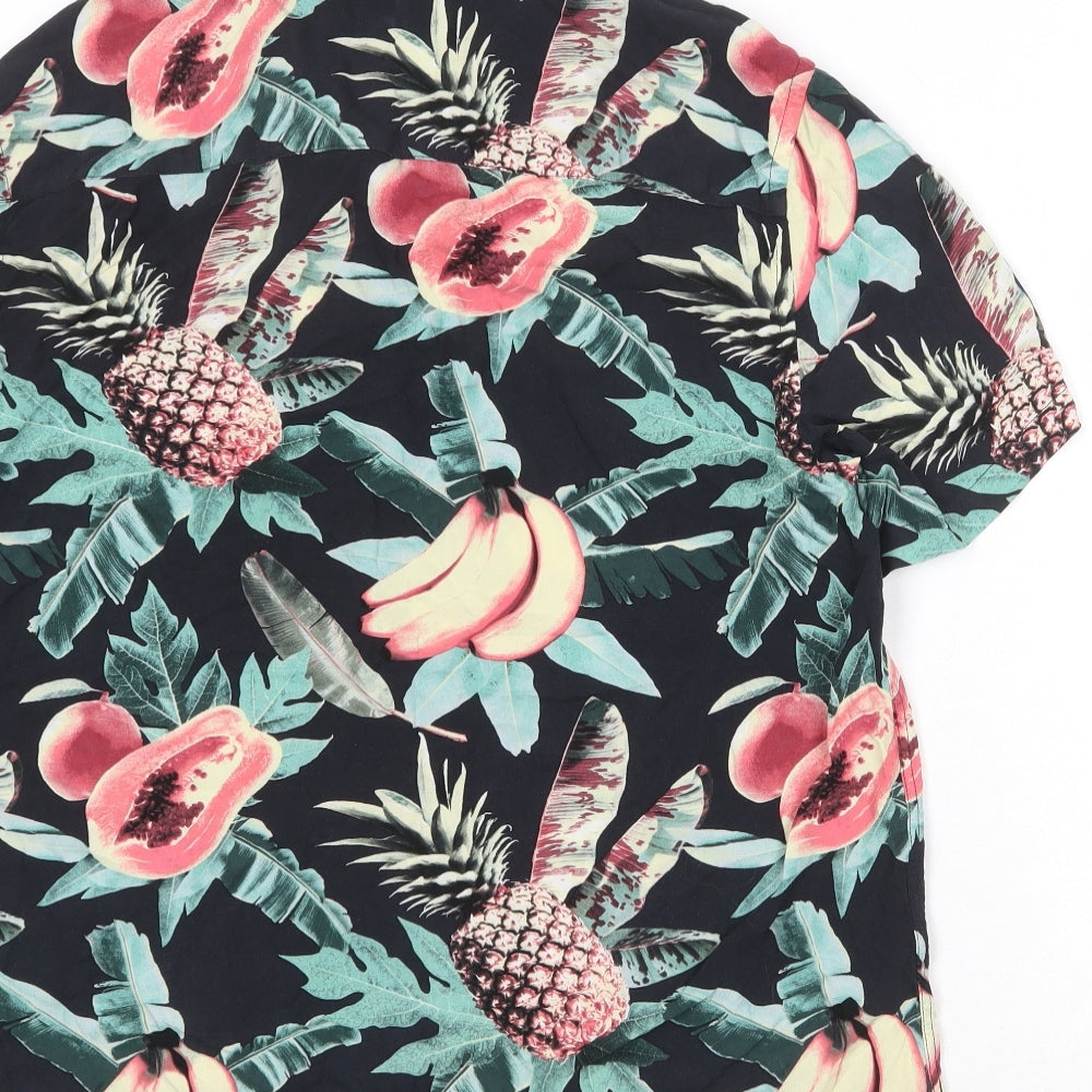 H&M Mens Black Geometric Viscose Button-Up Size M Collared Button - Fruit Pattern