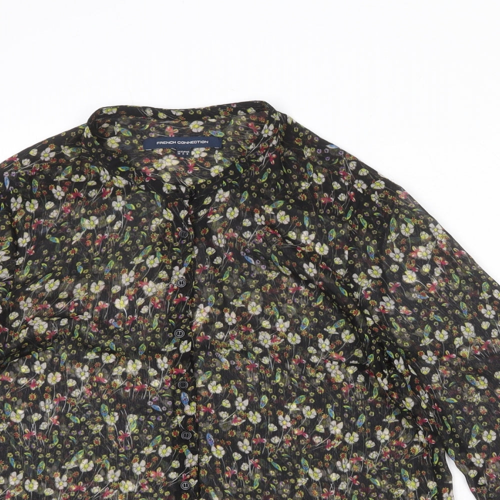 French Connection Womens Black Floral Polyester Basic Button-Up Size 10 Round Neck