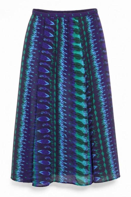 Front view of Angie women’s multicoloured geometric polyester peasant skirt, size M, zip - sheer overlay
