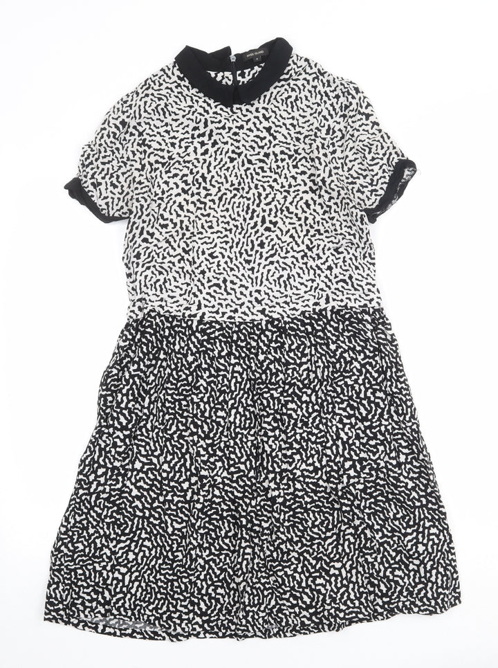 River Island Womens Black Geometric Viscose A-Line Size 8 Round Neck Zip