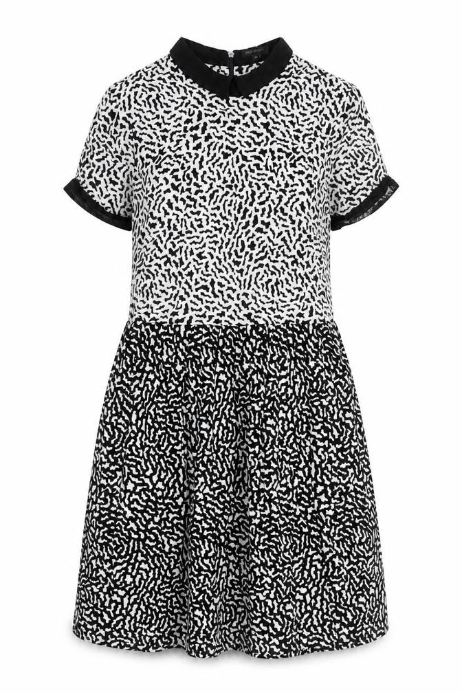 Front view of River Island women’s black geometric viscose a-line, size UK 8, round neck zip