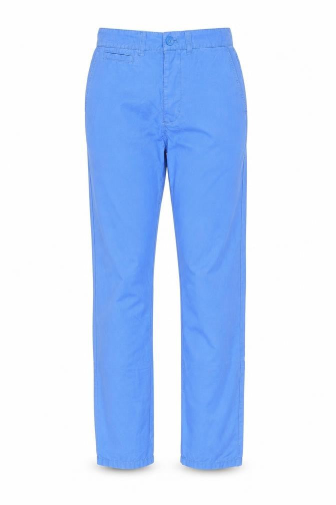 Front view of Divided by H&M women’s blue cotton trousers, size UK 28, in regular button